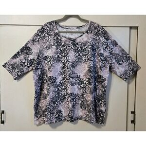 Catherines Easy Fit Tees Black White Damask Print Cotton Top 3X